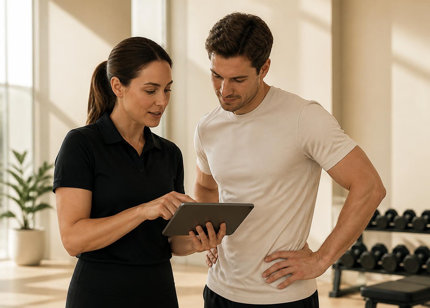 A BUILDEM coach reviewing progress with a member
